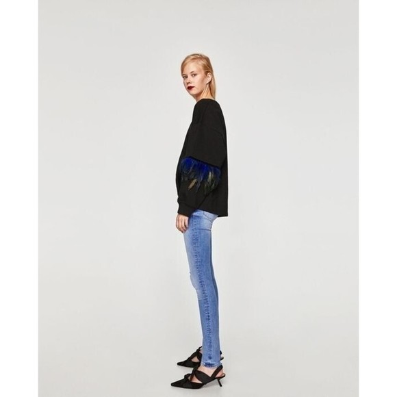Zara Trafaluc Small Feather-Accent Sweater Black Blue  Oversized Balloon Sleeve - Picture 6 of 16